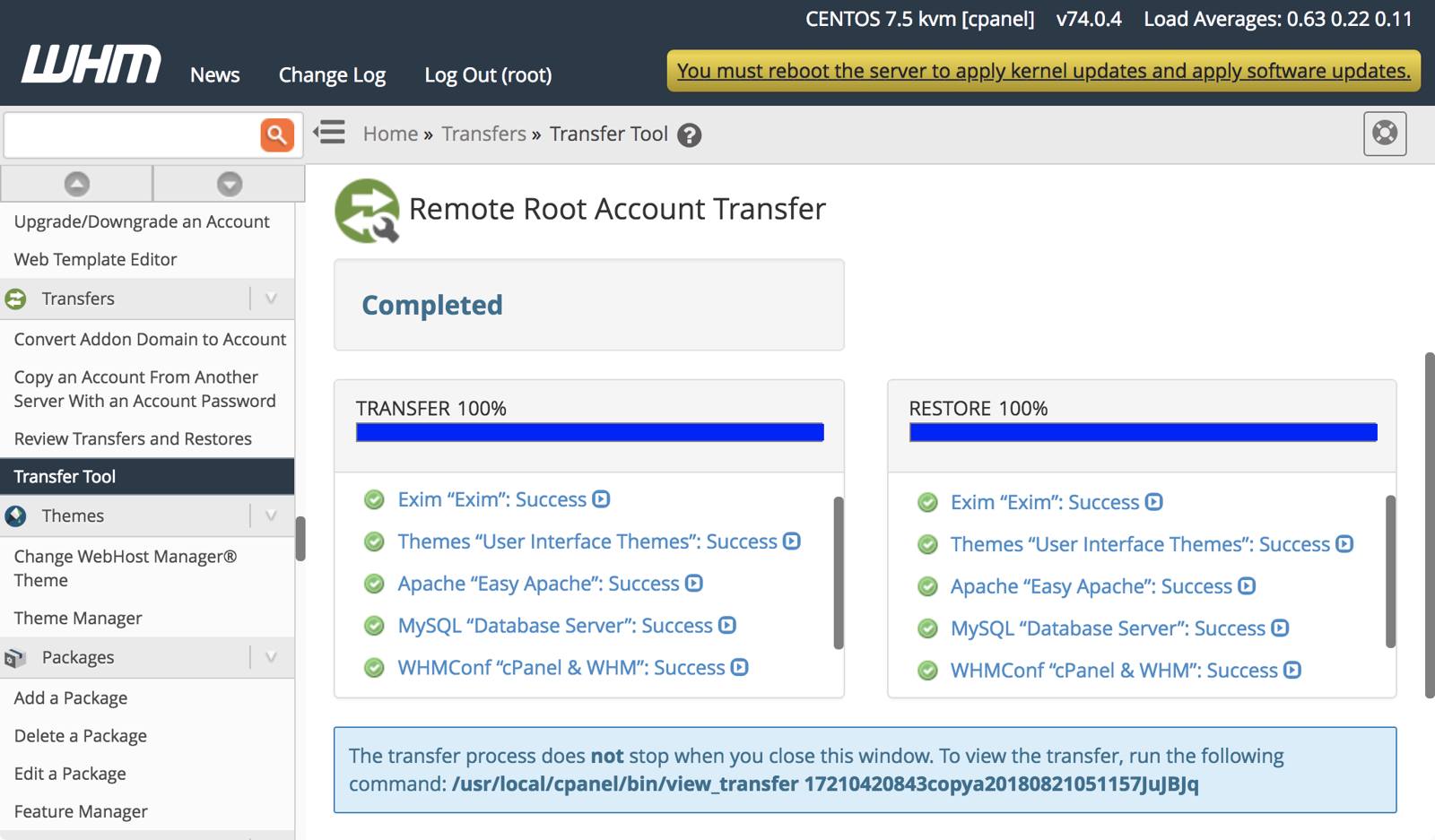 WHM Transfer Tool - transfer progress information. WHM Transfer Tool Progress Information