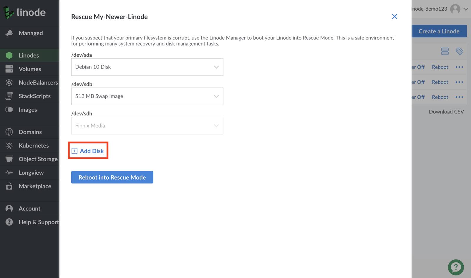 Cloud Manager Rescue form - Add Disk highlighted Cloud Manager Rescue form - Add Disk highlighted