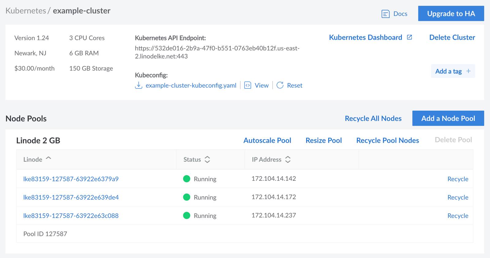 Screenshot of a Kubernetes cluster detail page in the Cloud Manager Screenshot of a Kubernetes cluster detail page in the Cloud Manager