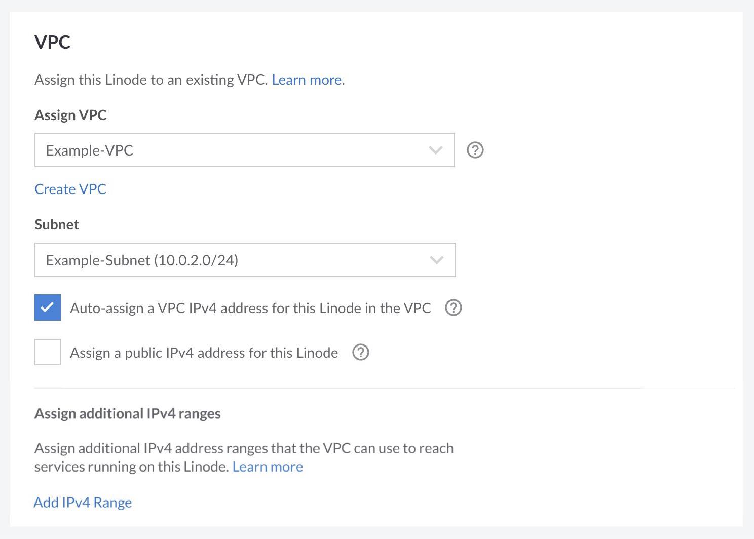 Screenshot of the VPC section of the Create Linode screen in the Cloud Manager Screenshot of the VPC section of the Create Linode screen in the Cloud Manager