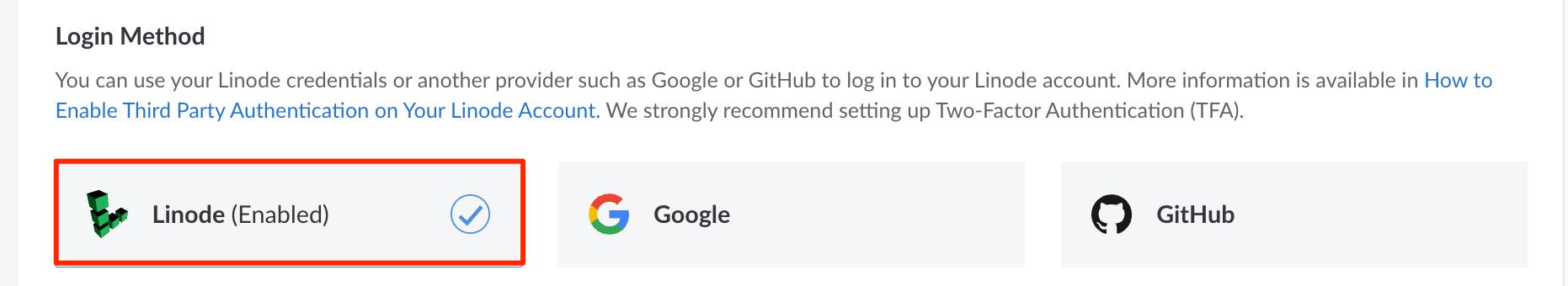 Screenshot of the Login Method section Screenshot of the Login Method section