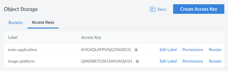 Viewing a list of access keys in the Cloud Manager Viewing a list of access keys in the Cloud Manager