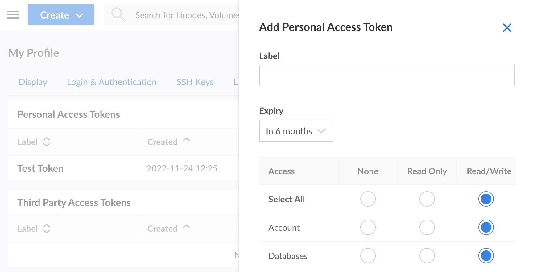 Screenshot of the Add Personal Access Token form Screenshot of the Add Personal Access Token form